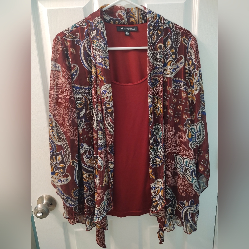 Sara Michelle Burgundy Paisley Blouse/Jacket Size XL